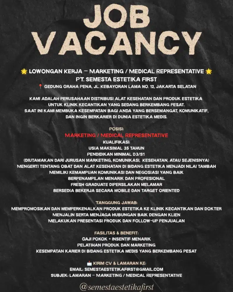 Lowongan kerja marketing medical representatif lokasi dki jakarta