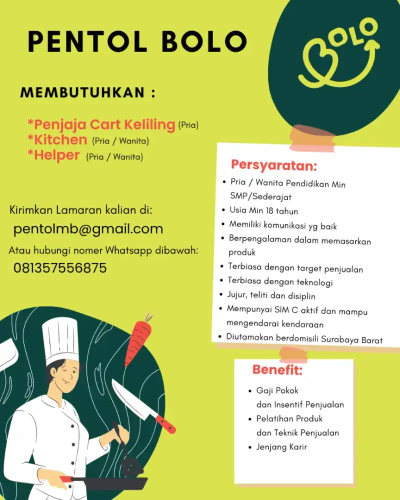Dibutuhkan Penjaja, Kitchen, Helper Area Surabaya Barat