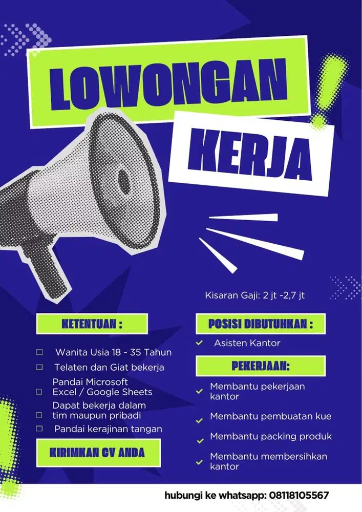 Lowongan wanita asisten kantor produksi kue
