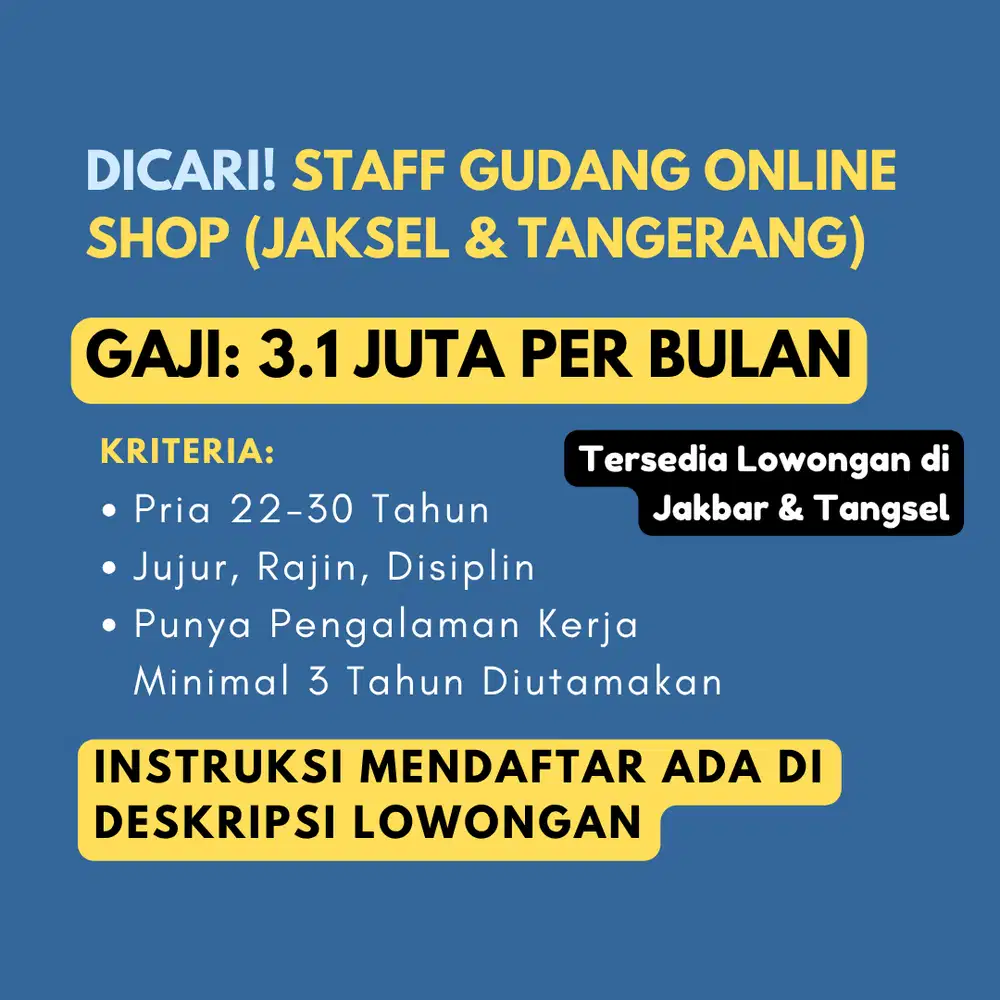 DICARI STAFF UNTUK GUDANG ONLINE SHOP RAJIN, DISIPLIN, DAN TELITI