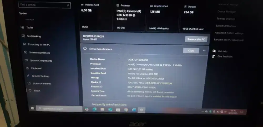 Laptop acer aspire ram 6gb