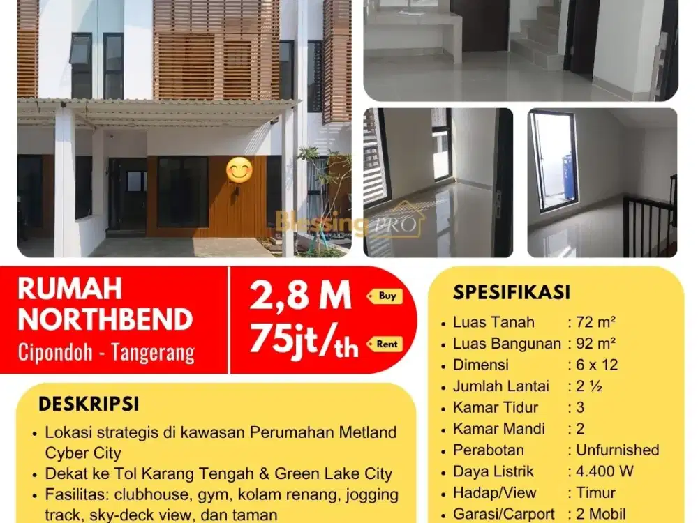 DIJUAL /DISEWAKAN RUMAH CLUSTER NORTHBEND (SIAP HUNI)