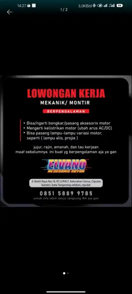 Mekanik / Montir motor Berpengalaman