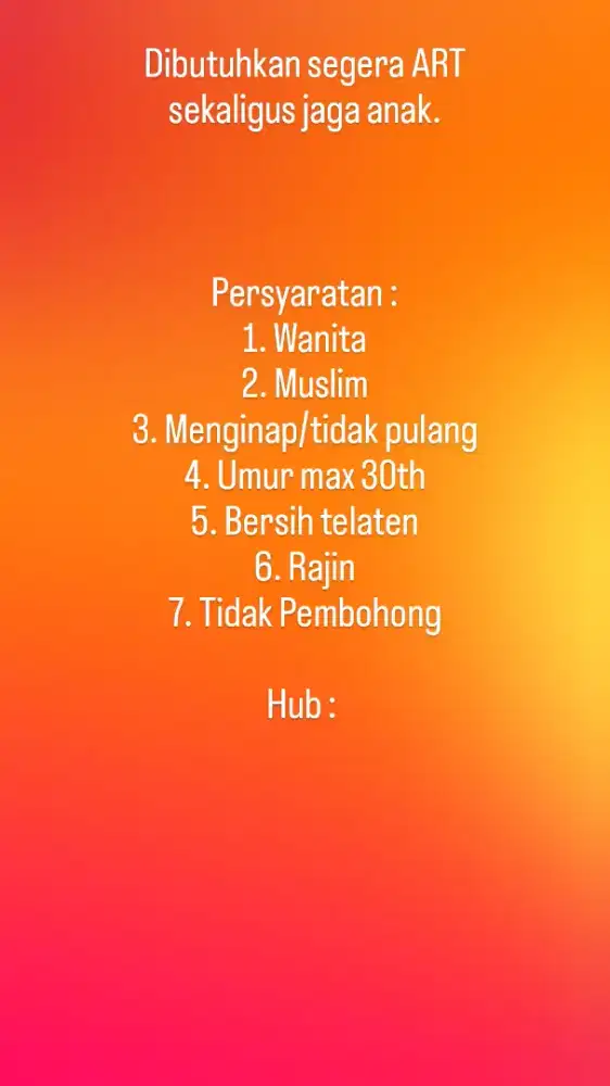 DIBUTUHKAN ART & URUS ANAK