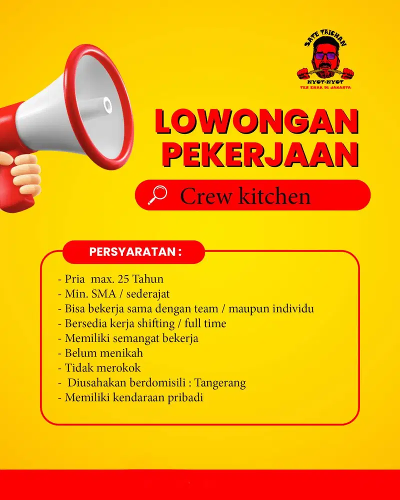 Loker crew kitchen, cashier Taichan Nyot