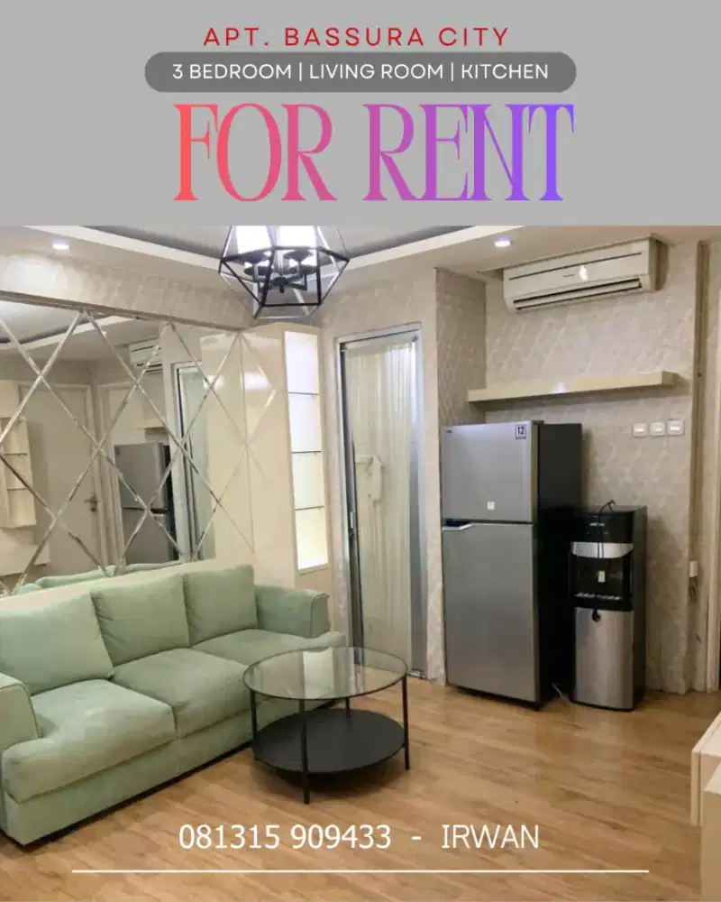 Sewakan 3 Bedroom Furnished Bagus Apartemen Bassura City Free IPL