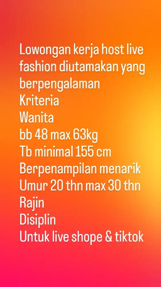 Lowongan kerja wanita host live di utamakan yang berpengalaman
