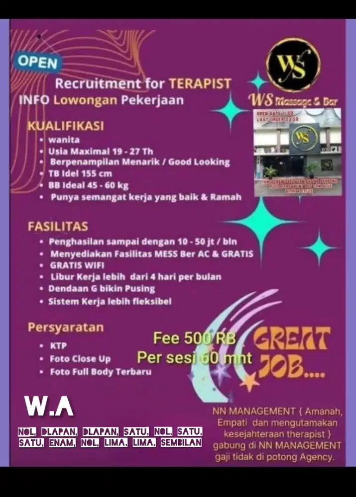 Lowongan Therapist WANITA WS spa