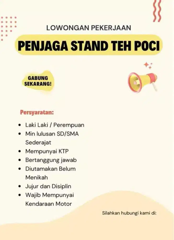 LOWONGAN PEKERJAAN JAGA STAND TEH POCI