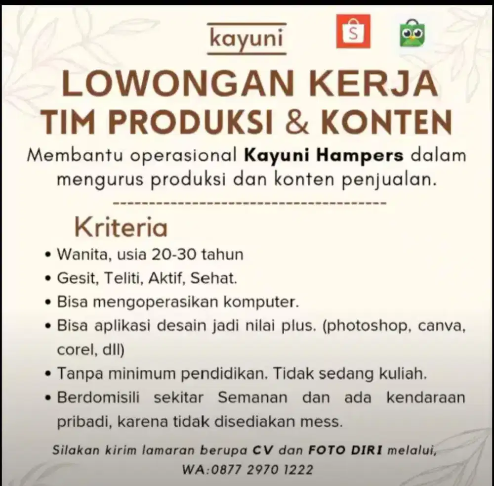 Loker Tim Produksi dan Konten - Lowongan Kerja Wanita