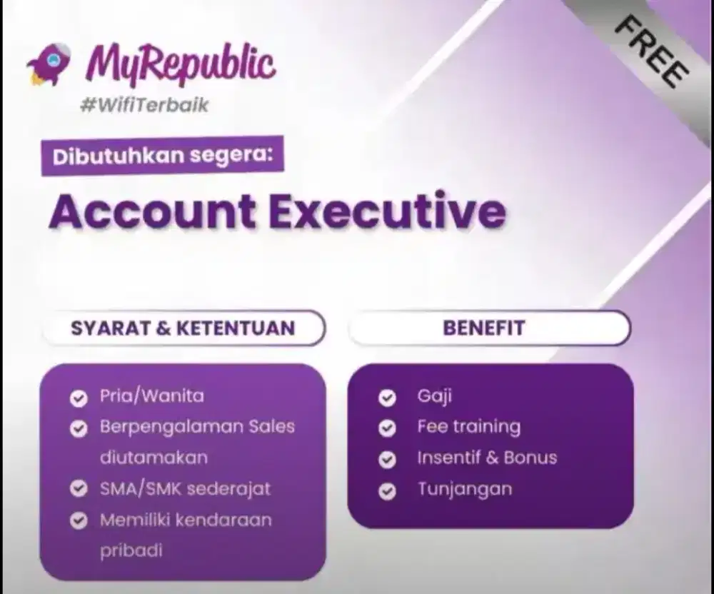 Dibutuhkan segera Sales Direct MyRepublicID internet Wifi cab Cibubur