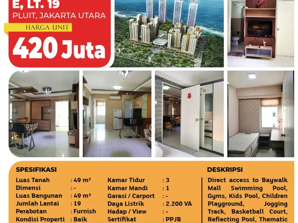 HOT UNIT! Paling Murah! Jual Cepat Apartemen Green Bay, 3BR Hook, Full Furnished