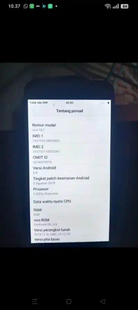 VIVO Y67 Ram 6 GB Internal 128 GB Jaringan 4G LTE