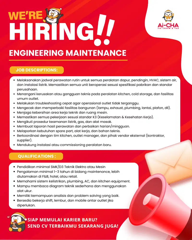 Hiring Position : ENGINEERING MAINTENANCE  (F&B Retail)