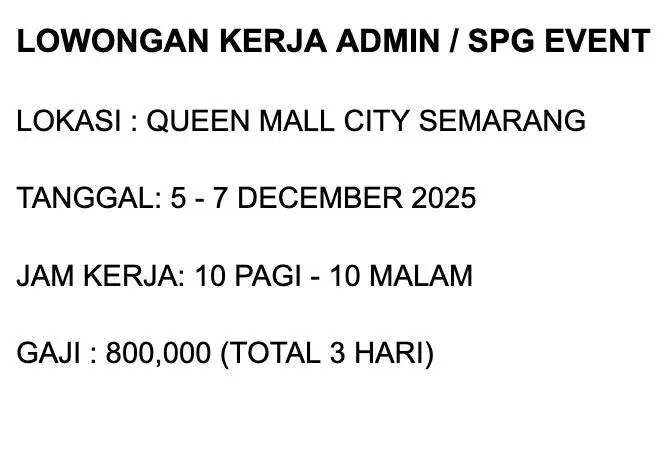 Lowongan Admin / SPG Mall