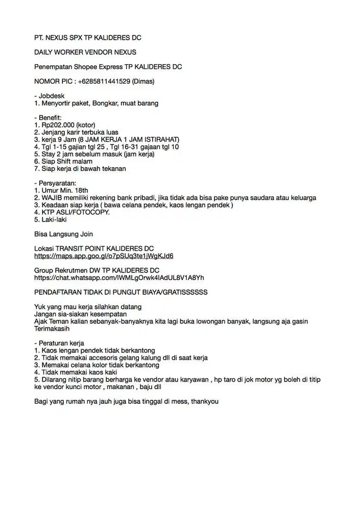 LOWONGAN KERJA DW TRANSIT POINT KALIDERES DC NEXUS