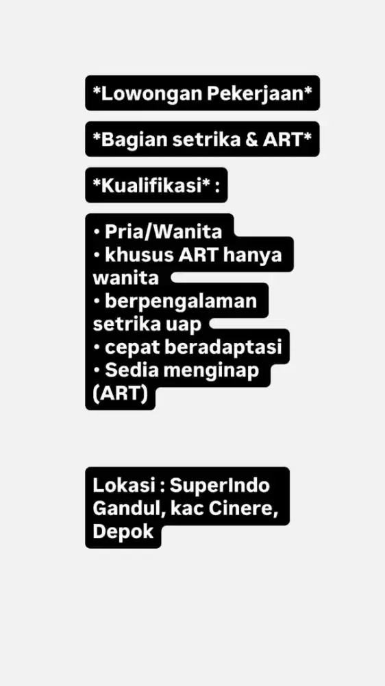 Lowongan Pekerjaan Bagian setrik & ART