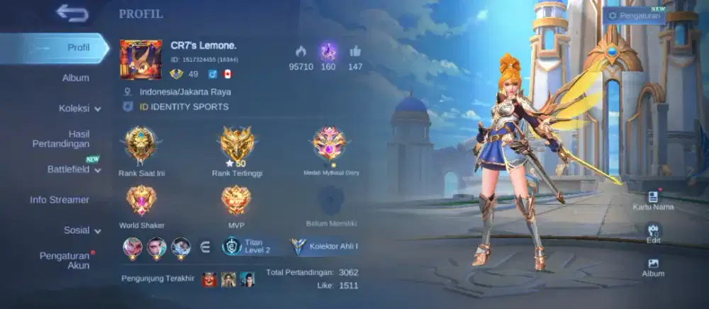 Akun mobile legends recall tas tas biru skin 173 Hero 74