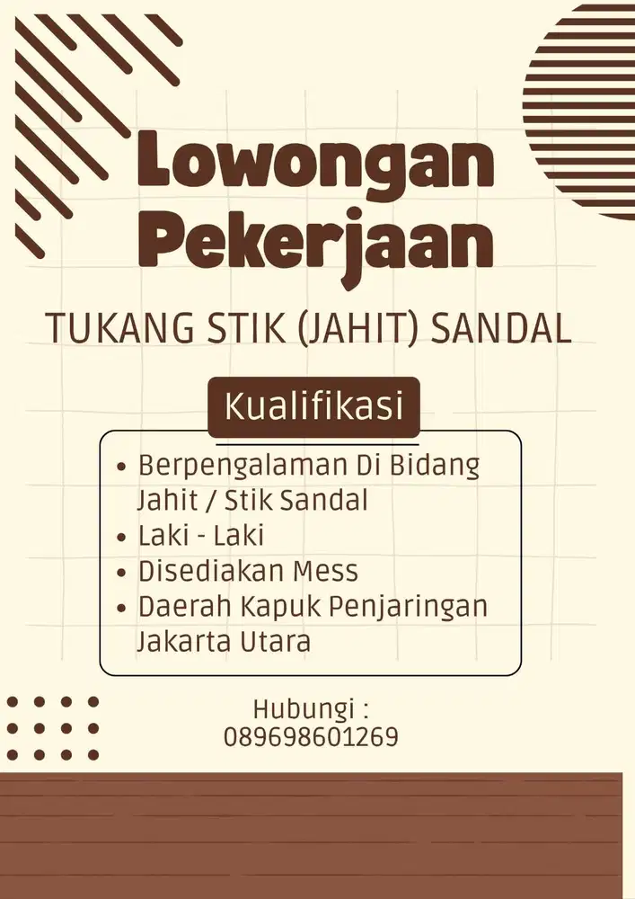 DIBUTUHKAN LAKI-LAKI TUKANG STIK (JAHIT) UPPER SANDAL
