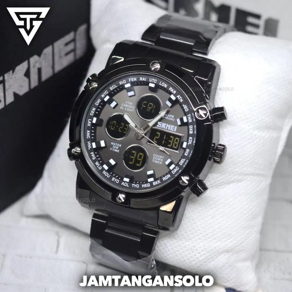 JAM TANGAN PRIA SKMEI DUALTIME ORIGINAL STAINLESS FREEBOX BARU GARANSI