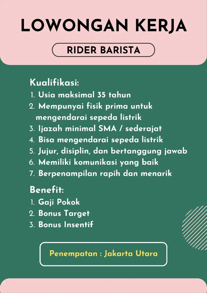 LOWONGAN KERJA RIDER BARISTA DAERAH JAKARTA UTARA