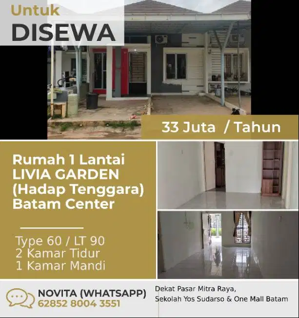 Rumah 1 Lantai Siap Huni LIVIA GARDEN (Hadap Tenggara) Batam Center.