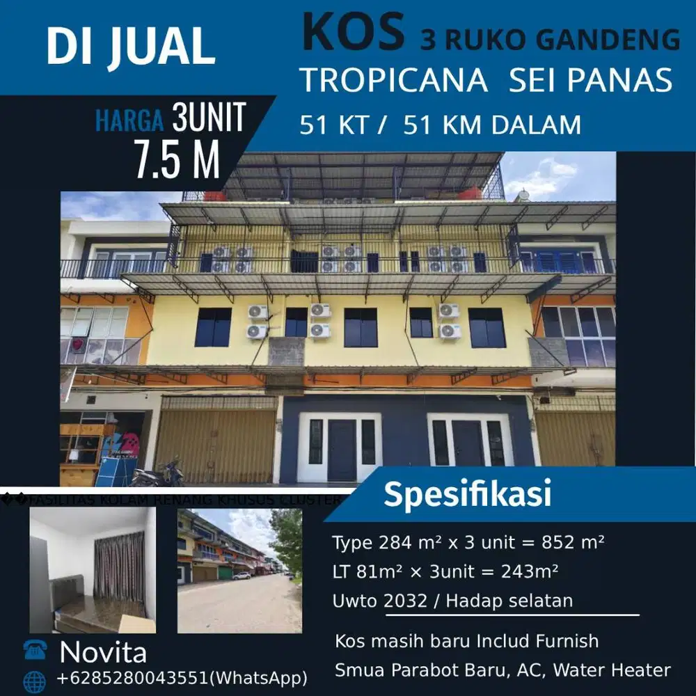 3 unit Ruko Gandeng Tropicana  Sei Panas Kampus Univers, Dekat Cahaya