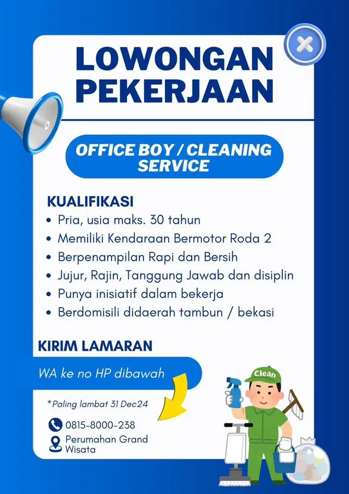 Dibutuhkan karyawan laki - laki untuk posisi Office Boy Tambun Bekasi