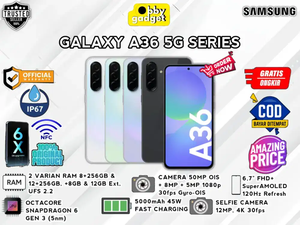 Samsung A36 5G 8+8/256GB, Snapdragon 6 Gen 3, Baru fresh Garansi resmi