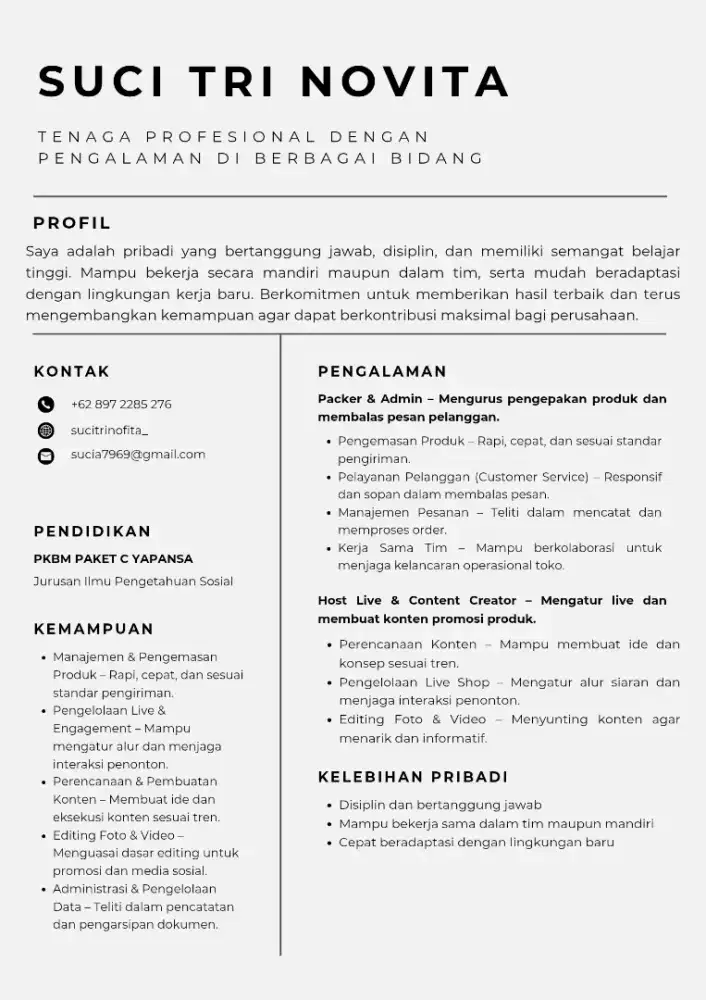 Butuh Pekerjaan - Siap di tempatkan Di bidang apa saja