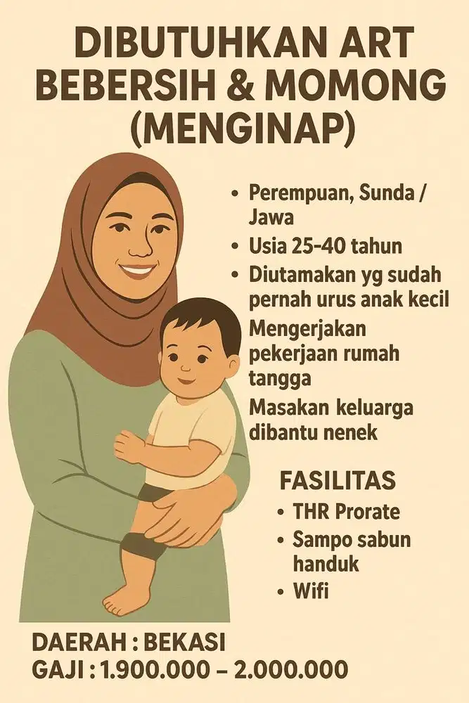 BEKASI_Dibutuhkan ART Bebersih & Momong (Menginap)