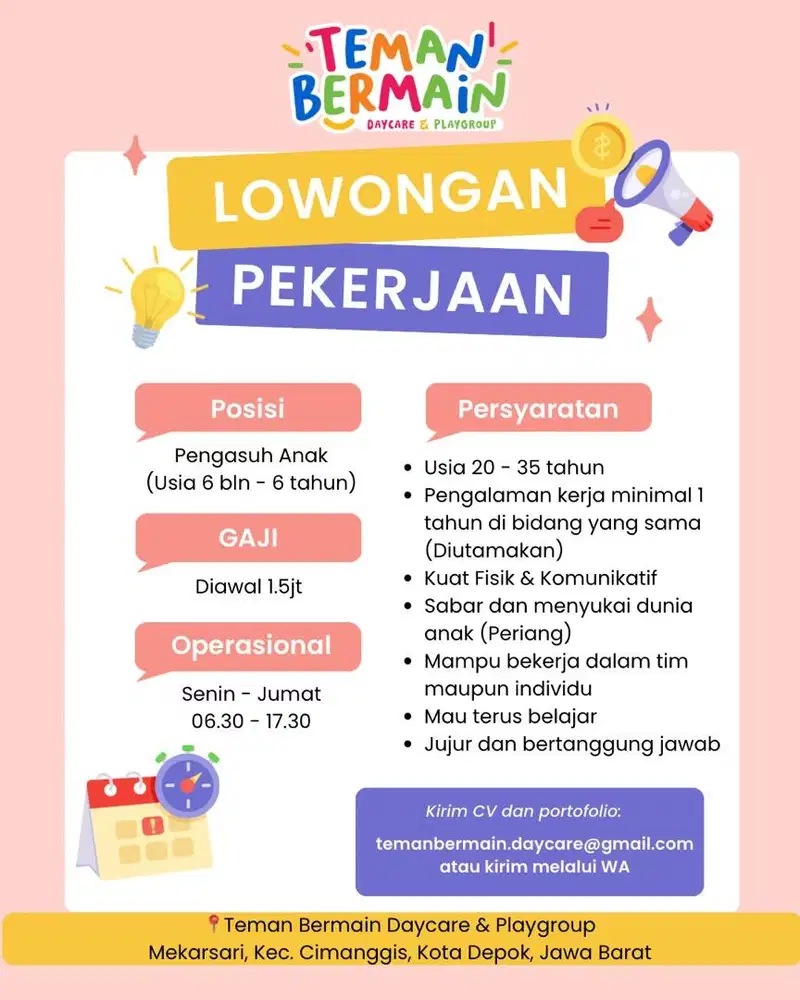 Dibutuhkan pengasuh wanita anak di taman penitipan anak