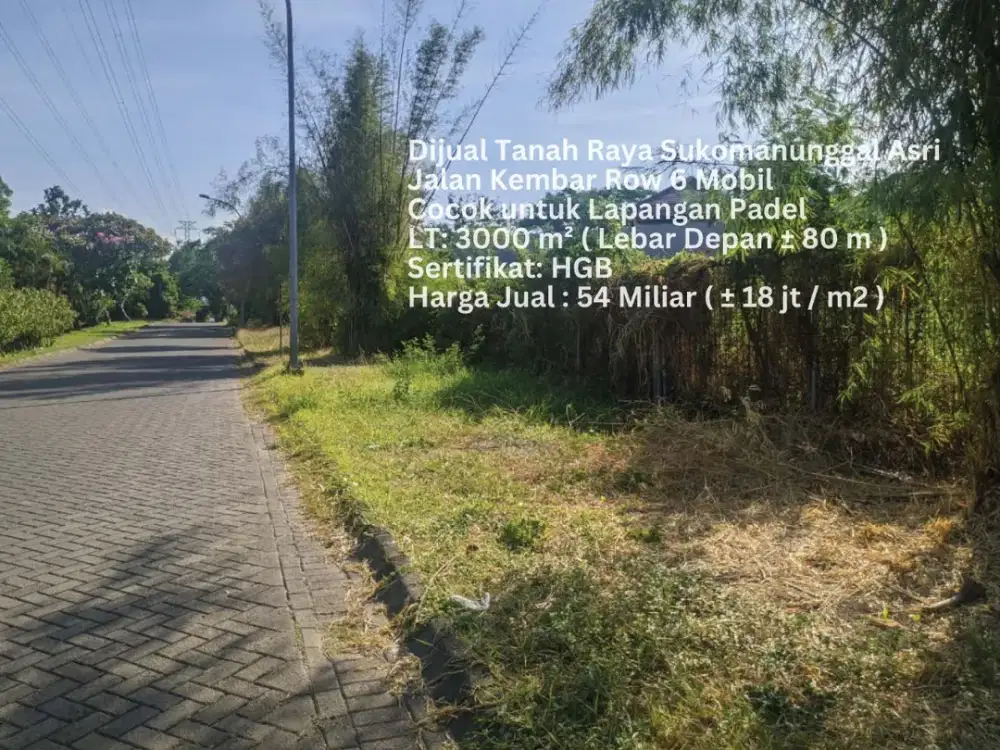 DIJUAL TANAH 3000M2 RAYA SUKOMANUNGGAL ASRI LEBAR 80M JALAN KEMBAR SURABAYA BARAT