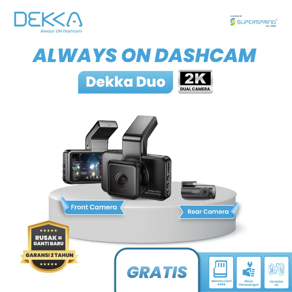 Dekka Duo Dashcam Mobil 2K (Cam Front + Rear) Rekam 24 Jam