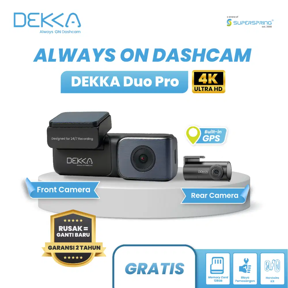 Dekka Duo Pro Dashcam Mobil 4K (Cam Front + Rear) Rekam 24 Jam