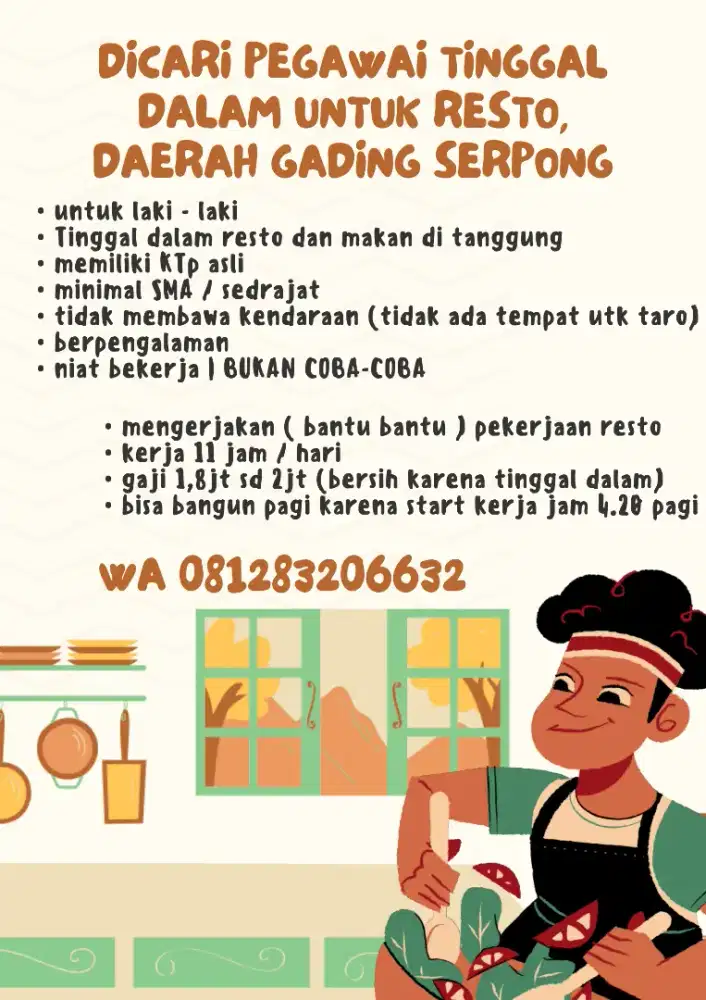 Dicari pegawai tinggal dalam, utk resto