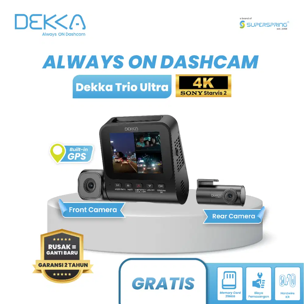 Dekka Trio Ultra Dashcam Mobil 4K 3 Camera Rekam 24 Jam