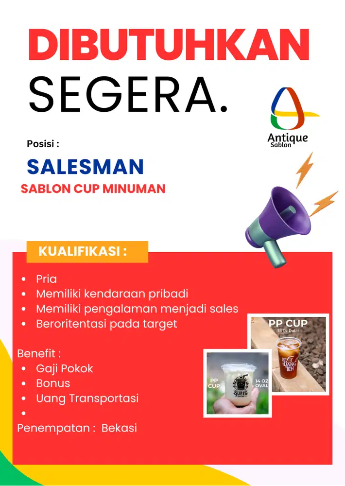 Lowongan Kerja Sales Marketing Sablon Cup Bekasi