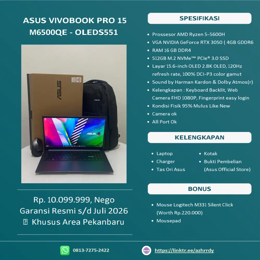 Jual Asus Vivobook Pro15 OLED M6500QE | R5 | RTX 3050 | Mulus Like New
