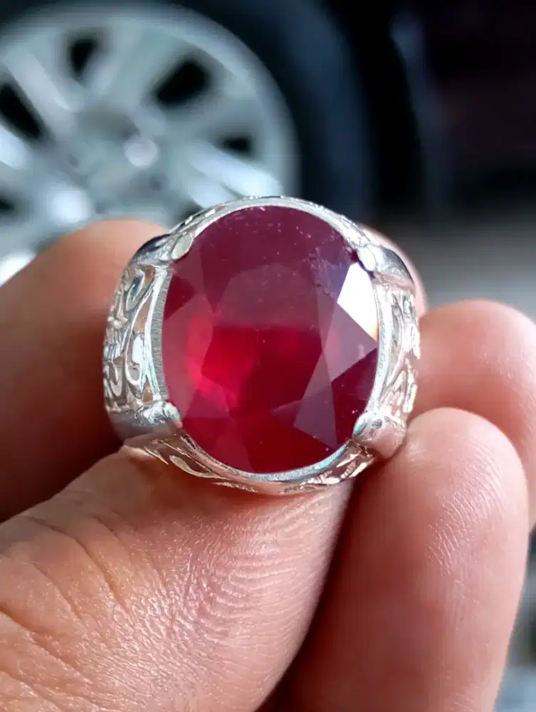 Natural Ruby Red Blood Ring perak ukir