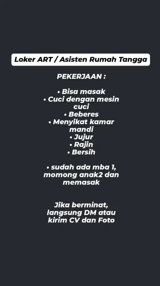Loker ART / Asisten Rumah Tangga
