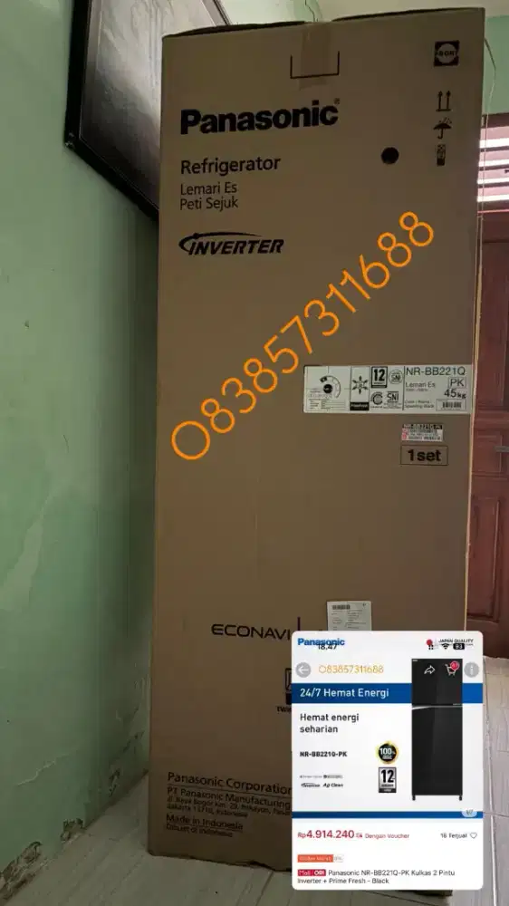 Kulkas 2 Pintu Panasonic Inverter + Prime Fresh NR-BB221Q-PK BLACK New