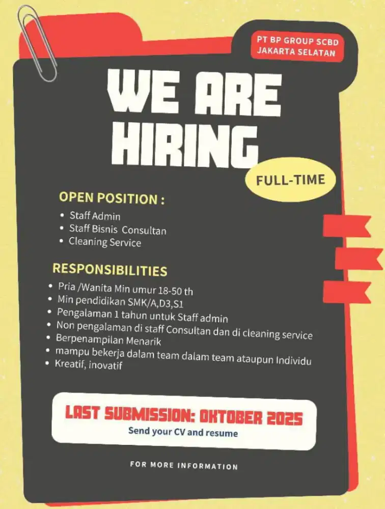 Loker di PT BP GROUP SCBD SUDIRMAN JAKARTA SELATAN
