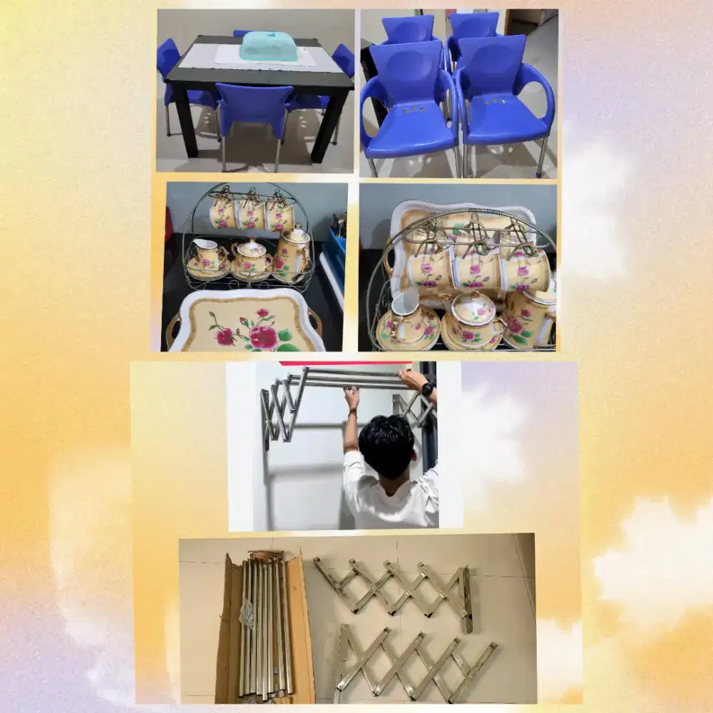 Meja makan 1 set, peralatan minum teh 1 set, jemuran tempel, tudungsaj