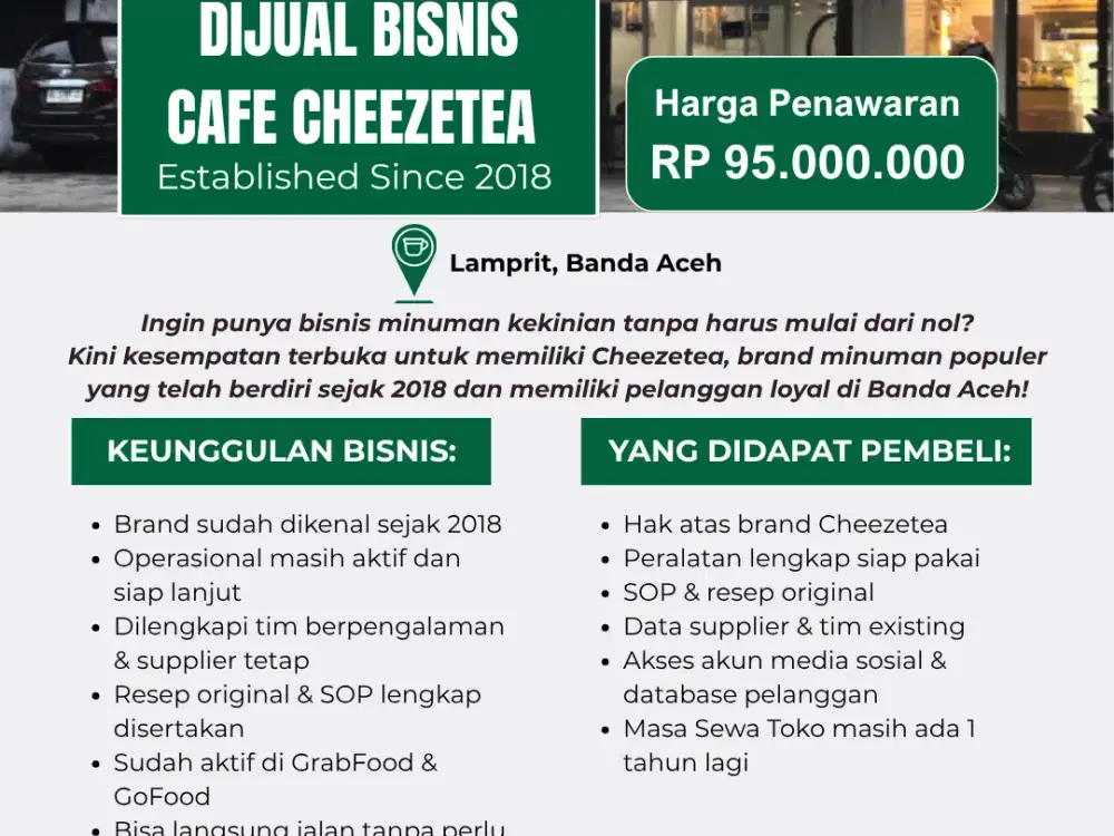 Dijual Bisnis Cafe Cheezetea – Lokasi Strategis di Lamprit, Banda Aceh