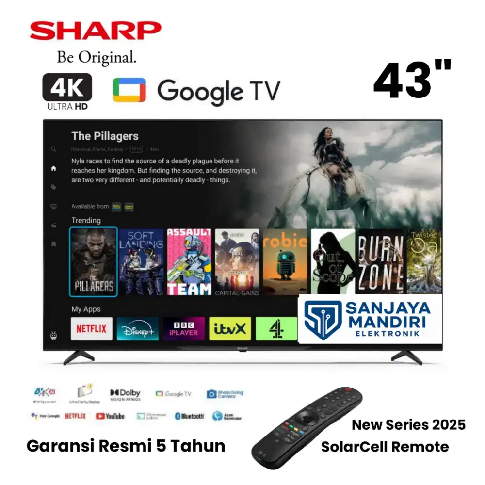 SHARP 4K UHD Google TV 43 Inch Framless SolarCell Remote 4T-C43HJ6000I