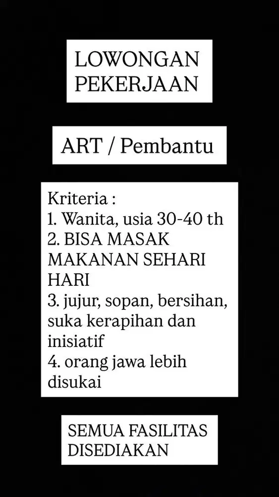 DIBUTUHKAN CEPAT : ART/PEMBANTU MENGINAP AREA TANGSEL