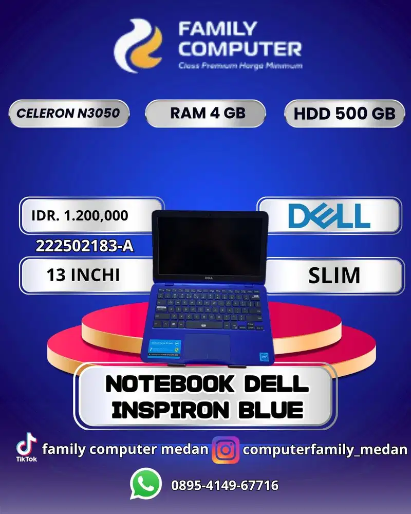 NOTEBOOK DELL BLUE|CELERONN3050|RAM4GB|HDD500GB|13INCI|SLIM
