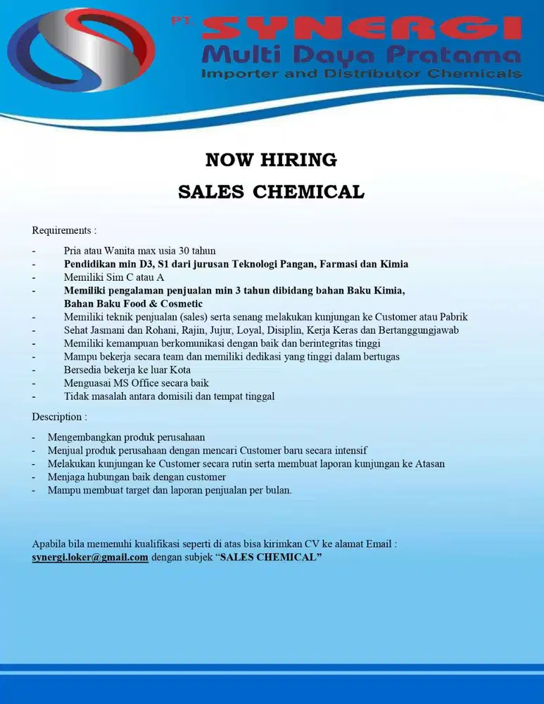 Lowongan Sales Chemical