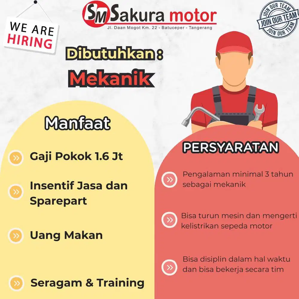 Dibutuhkan Mekanik Yamaha Sakura Motor Daan Mogot